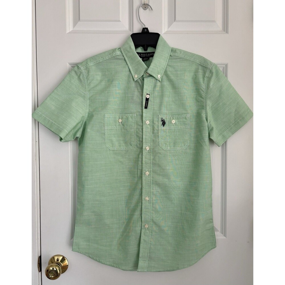 U.S. Polo Assn. Button Down Woven Shirt Men's Small Stretch Green Lawn Checkered